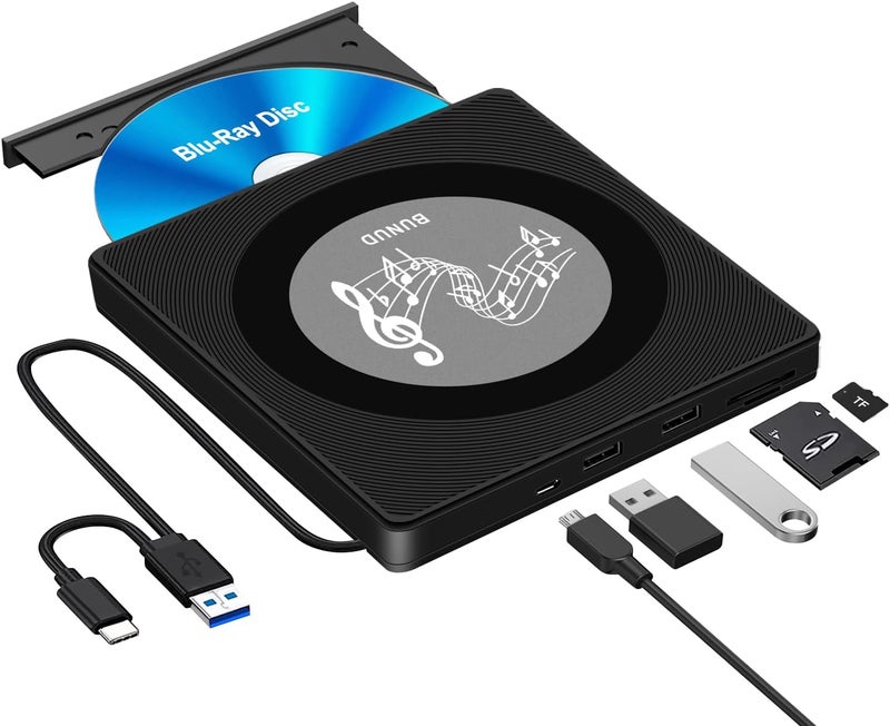 BVNUD External Blu Ray CD DVD Drive, USB Blu Ray Drive External Bluray Burner Read/Write BD Player with 2 USB and TF/SD Slots, Optical Blue Ray CD DVD Reader for Laptop Apple PC Windows 11 MacBook Pro Air - Image 1